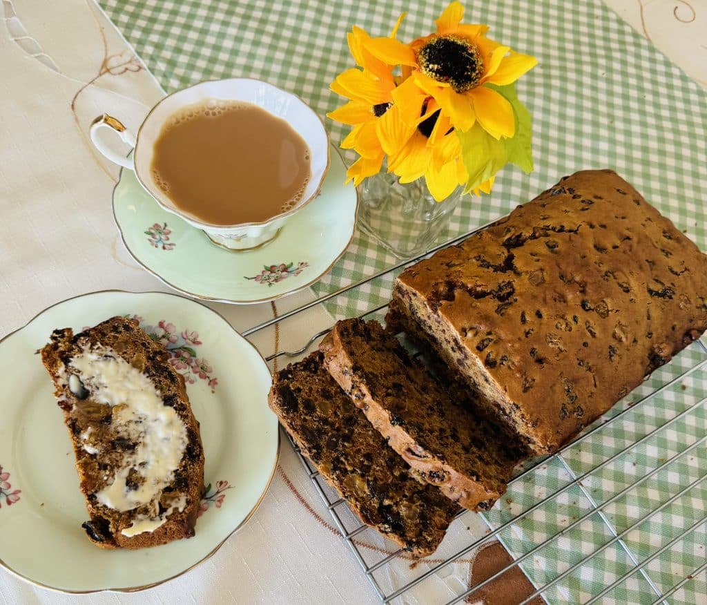 Baked tea brack with butter and tea